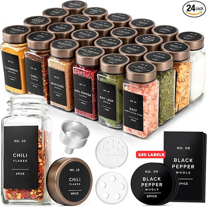 Glass Spice Jars with Label, 24x Champagne Bronze Steel Lids | Airtight Lids keep spices fresh, Kitchen Spice Drawer Organizer, 4oz Seasoning Containers incl. Funnel, Brush & 240 Labels