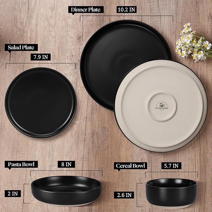 HaWare 16-Piece Plates and Bowls Set for 4, Stoneware Dinnerware Sets with Pasta Bowl, Dishes Set for Home Restaurant, Frosting Black