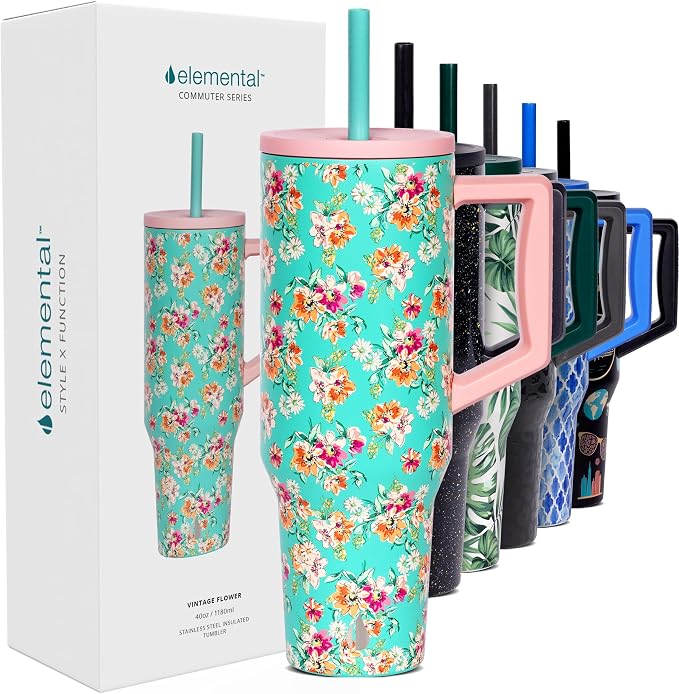 Elemental Spill Proof 40oz Insulated Tumbler with Handle & Straw Travel Mug | Stainless Steel Commuter Travel Coffee Mug for Cold Beverages, Includes 2 Straws & a Spill Proof Lid for Everyday Use