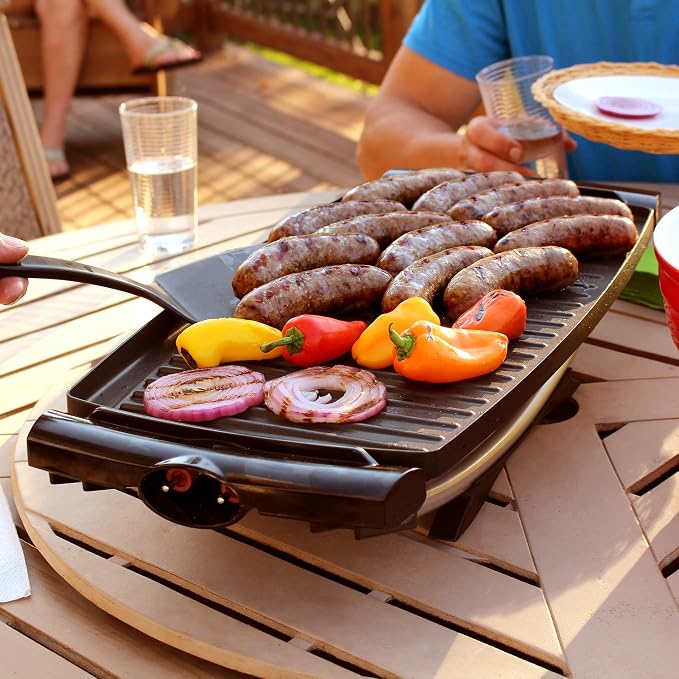 George Foreman Indoor/Outdoor Electric Grill with Stand | Indoor or outdoor electric grill with nonstick surface, 5 heat settings and fat-removing drip tray for healthier grilling.
