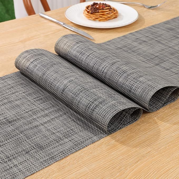 SHACOS Woven Vinyl Table Runners 12 x 54 inch Wipeable PVC Weave Table Runner Heat Resistant Runner for Dining Table Indoor Outdoor, Dark Gray