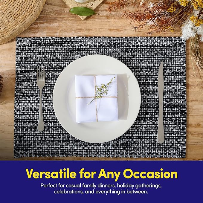 Sweet Home Collection 100% Cotton Placemats for Dining Room Rectangle Two Tone Woven Fabric 13" x 19" Soft Durable Table Mat Set, Set of 6, Black