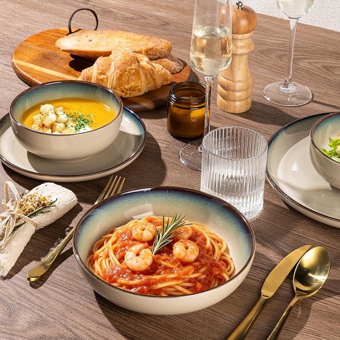 GBHOME Dinnerware Sets for 8, 32 Pieces Ceramic Plates and Bowls Set | Scratch Resistant Stoneware Dishes Set, Dishwasher & Microwave Safe, Reactive Glaze-Pale Khaki