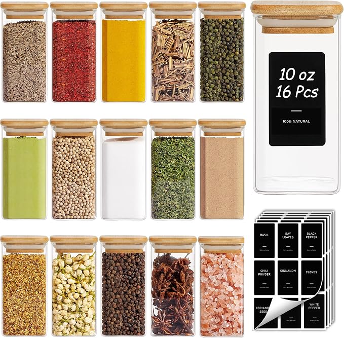 ComSaf Glass Spice Jars with Labels 10 oz 16 Pack Large Square Bamboo Lids | Empty Containers, Seasoning Herbs Powders, Salt Pepper Chili, Spice Rack Organization, Kitchen Cabinet Storage, Dry Goods