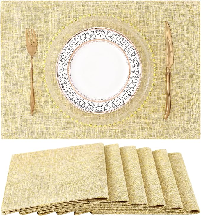 Faux Cotton Linen Placemats Set of 6, Cloth Washable Farmhouse Dining Table Mats for Indoors & Outdoors, Easy to Clean, Lemon Yellow, 13 x 19 Inch