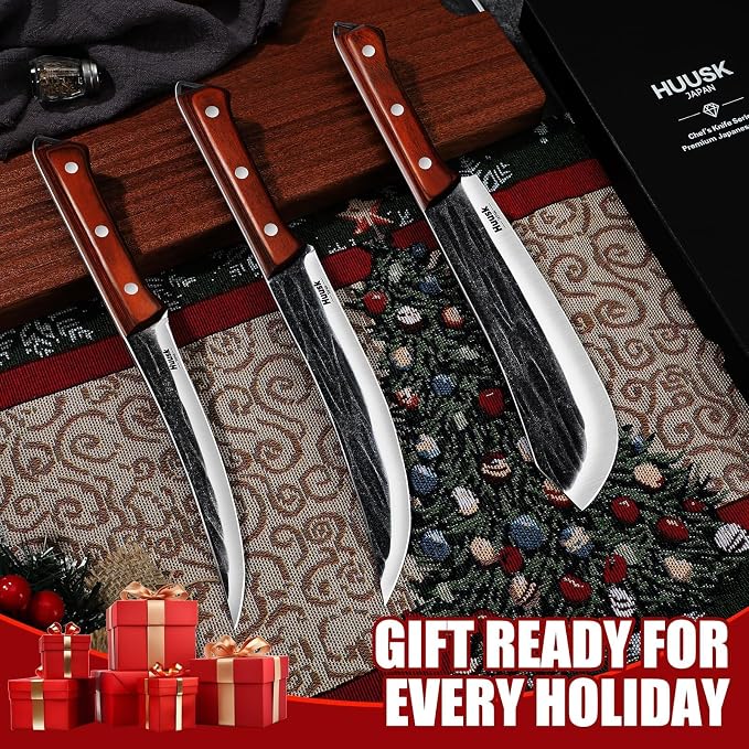 Huusk 3PCS Butcher Knife Set for Meat Cutting, Gifts for Men Women | Japanese Steel Carving BBQ Brisket Knives with Ergonomic Handle, Hand-forged Meat Knife Set for Home and Camping