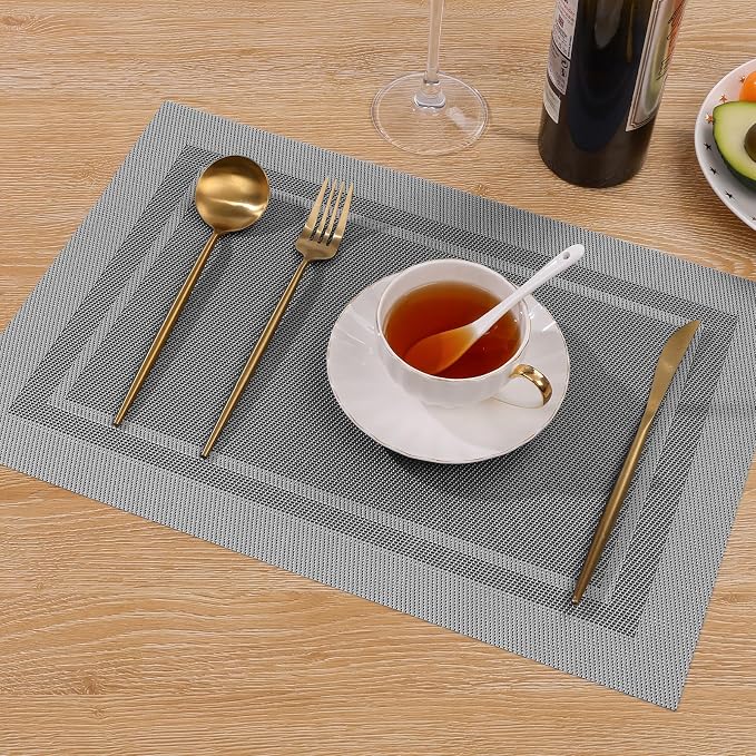 SHACOS Woven Vinyl Placemats Set of 4 Wipe Clean Place Mats for Dining Table Heat Resistant PVC Weave Table Mats Indoor Outdoor (4, Frame Grey)