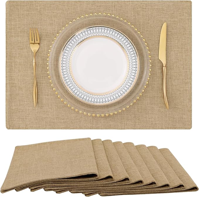 Faux Cotton Linen Placemats Set of 8, Cloth Washable Farmhouse Dining Table Mats for Indoors & Outdoors, Easy to Clean, Linen, 13 x 19 Inch