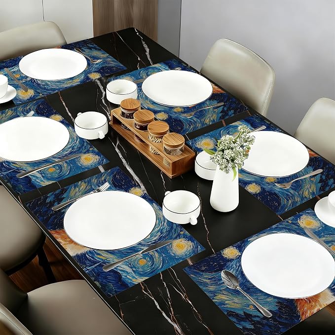 Cute Cat Cloth Placemats,Blue Starry Sky Heat-Resistant Table Placemats Set of 6, Washable Linen Place Mats for Dining Room Table Decor Home Restaurant Cafes Holiday Party 11.8x17.7 Inch