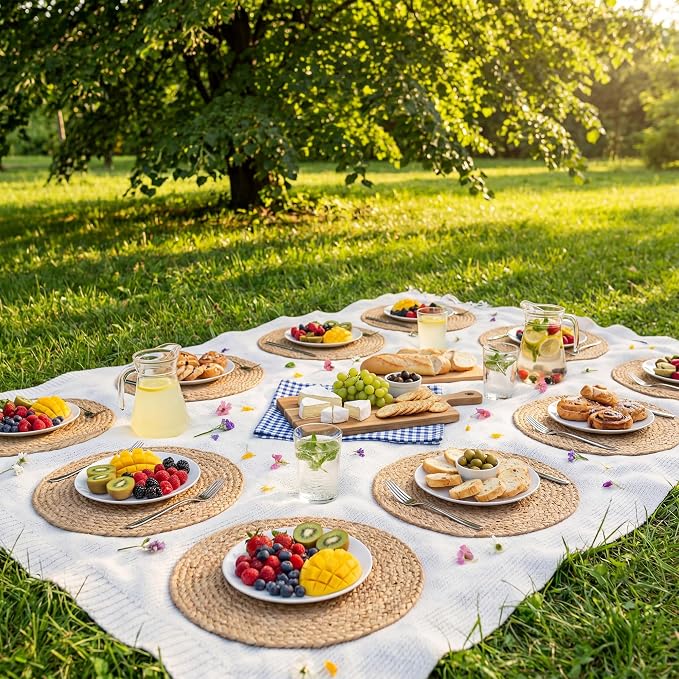 Natural Jute Placemats Set of 4, Round Woven Table Mats, 13 Inch Rattan Charger Plates for Dinner, Boho Farmhouse Braided Place Mats
