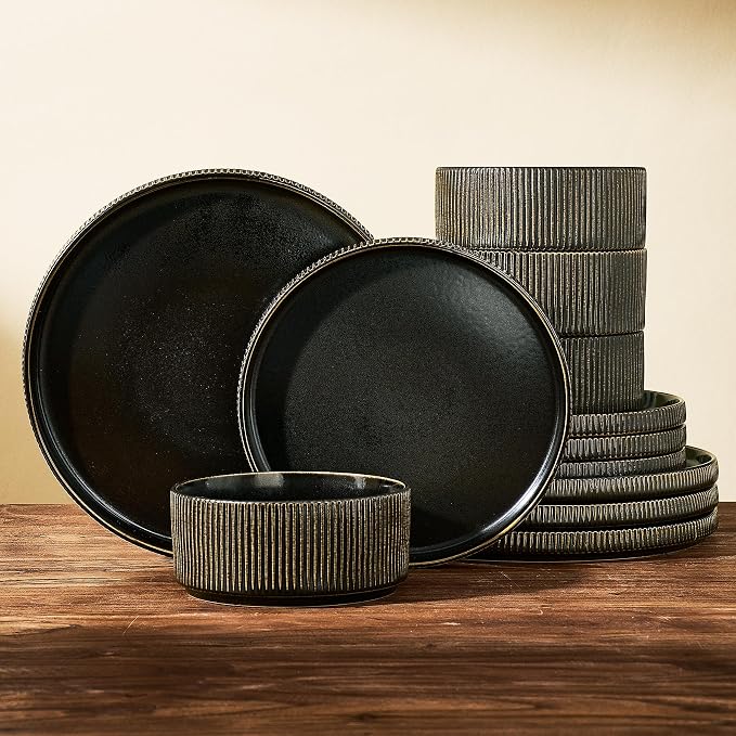Stoneware Dinnerware Set for 4, Reactive Glaze, Black Gold | 12 pcs Ceramic Plates and Bowls, Handmade Ribbed Dishes, Everyday Use, Microwave & Dishwasher Safe, Chip & Scratch Resistant