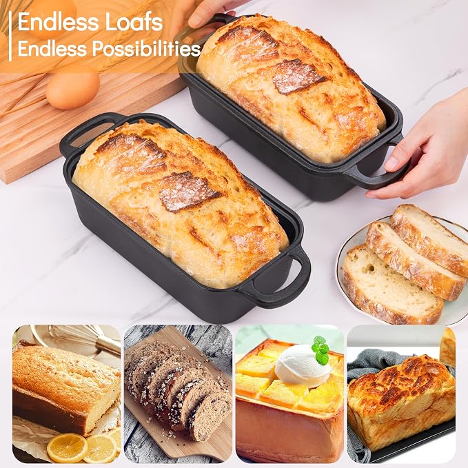 GRMImosa Cast Iron Loaf Pan with Lid, Pre-Seasoned 9x5" Sourdough Pan | Cast Iron Loaf Pan with Lid, Heavy-duty 9x5 Inch Baking Pan for Sourdough Bread, 2-in-1 Design, Even Heat Distribution, Black