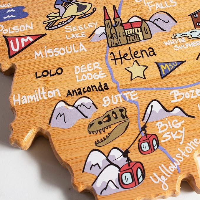 Totally Bamboo Montana State Shaped Cutting Board, Art by Fish Kiss | State charcuterie board with colorful hand-drawn map artwork. Smooth reverse side for food prep. Hang tie for wall display.