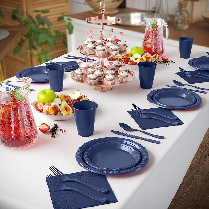 350 Pcs Navy Plastic Plates For Party, Navy Disposable Plates Set, 50 Of Each 9" Dinner Plate Set, 7" Dessert Plate, Cups, Napkins & Cutlery Plastic Dinnerware Set Exquisite