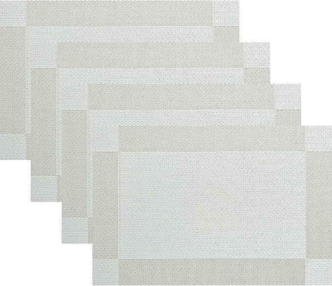 Vinyl Placemats Heat-Resistant Table Mats Washable Easy Clean Plastic Placemat for Kitchen Dining Table Set of 4 Indoor Outdoor (Beige White)