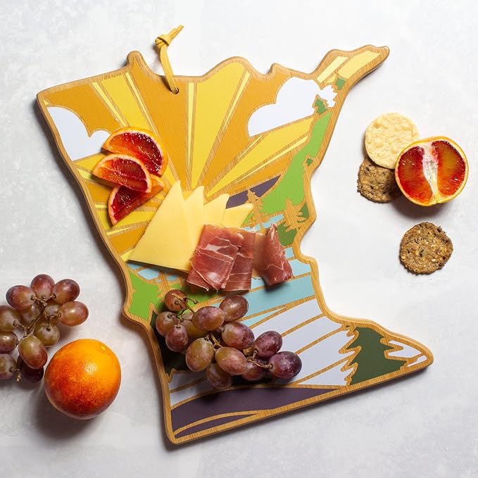Totally Bamboo Minnesota State Shaped Cutting Board, Summer Stokes Art | State charcuterie board with colorful hand-drawn landscape art. Smooth reverse side for food prep. Hang tie for wall display.