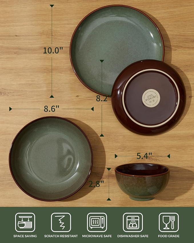 32 Piece Double Bowl Dinnerware Sets with Pasta Bowls, Highly Chip and Crack Resistant Plates and Bowls Sets, Natural Earthyware Ceramic Dishware Sets, Service for 8 Sage Green