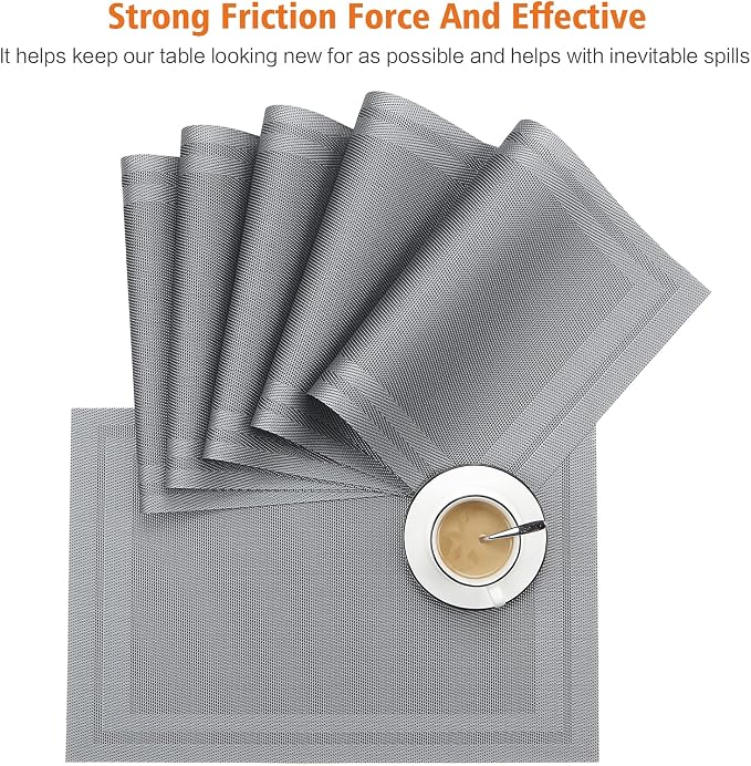 Gray Vinyl Placemats Set of 6,Washable Dining PVC Table Mats | Heat resistant, stain resistant non slip vinyl place mats, washable gray table placemats for dining table