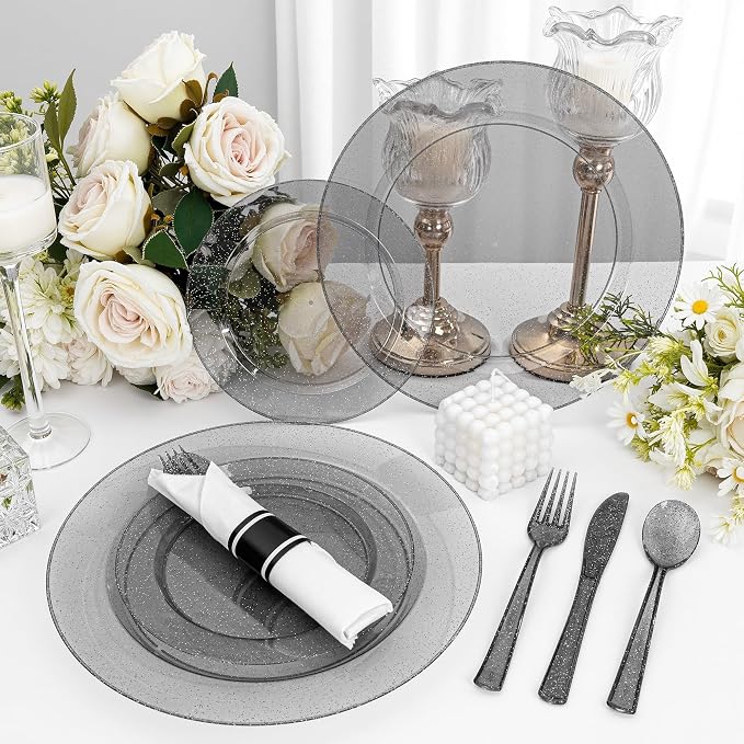 DaYammi 210PCS Black Glitter Plastic Dinnerware Set for 30 Guests, Fancy Disposable Plates for Party, Include: 30 Dinner Plates, 30 Dessert Plates, 30 Pre Rolled Napkins and 30 Cups