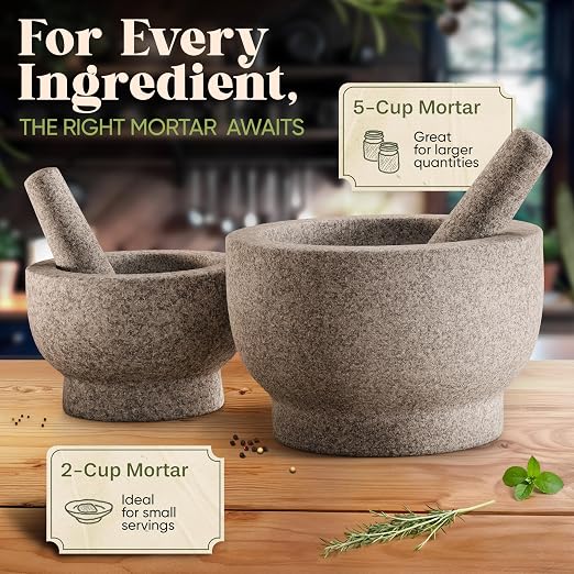 ChefSofi Extra Large 8 Inch 5 Cup-Capacity Mortar and Pestle Set - Black Polished Exterior - One Huge Mortar and Two Pestels: 8.5 inch and 6.5 inch