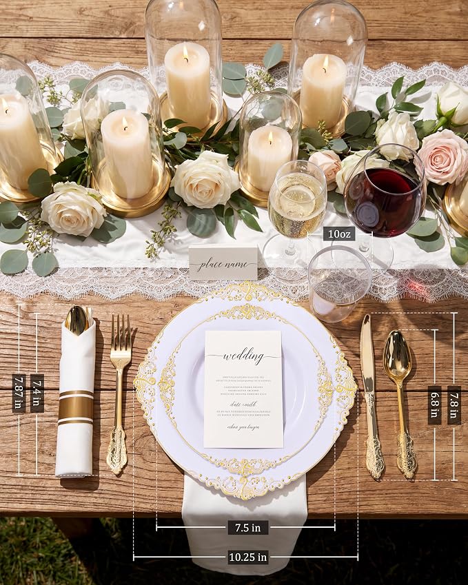 Nervure 700Pcs Gold Plastic Plates, Plastic Dinnerware Set for 100 Guests | 100 7.5" Dessert & 100 10.25" Dinner Plastic Plate, 300 Silverware, 100 10oz Cups, 100 Napkin for Wedding & Party, BPA-free