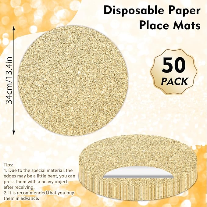 50PCS Light Gold Paper Placemats Disposable 13.4 Inch Shiny Golden Place Mats Round Decorative Glitter Table Mats for Birthday Wedding Holiday Party Decor Sparkle Dining Tableware