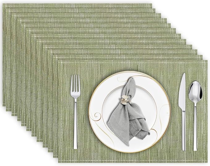 Green Placemats Set of 12, 12x18 Inch Washable Easy to Clean Heat-Resistant Anti-Skid Sage Green Placemats for Holiday Party Kitchen Dining Room Decoration