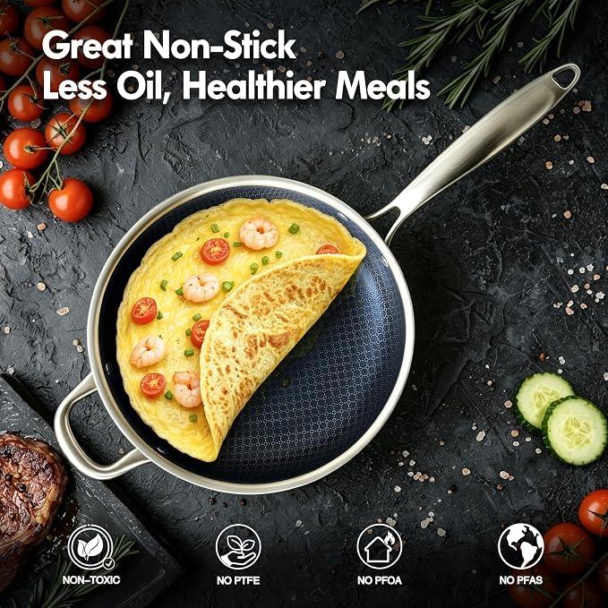 BRASA Nonstick Deep Frying pan with lid,10.24in/3QT,Stainless Steel Saute Pan,nonstick Cookware,Compatible Gas,Electric & Induction,Dishwasher safe PFOA Free(10.24in+5.9in trivet) Long Handle