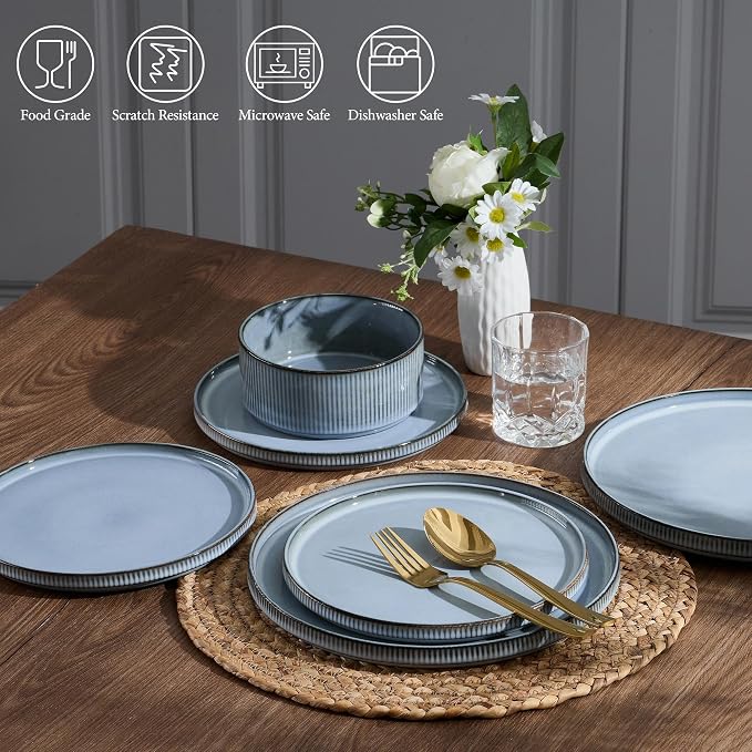 E-far 12-Piece Plates and Bowls Sets, Stoneware Dinnerware Dishes Sets for 4, Kitchen Modern Dining Dishware, Chip & Scratch Resistant, Microwave & Dishwasher Safe, Dusty Blue