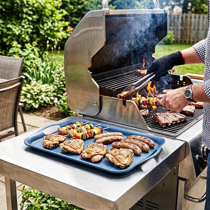 KINGEN 2-Pack Navy Blue Bamboo Fiber Serving Trays - 18×13-inch Extra Large w/Handles Tray, Platters for 4th of July, Christmas, BBQ, Picnic, Outdoor Dining - Durable, Lightweight (Classic Blue)