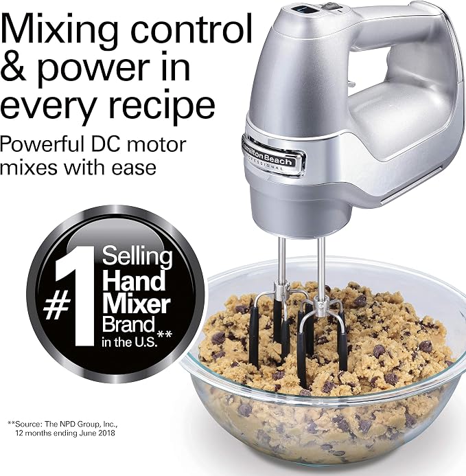 Hamilton Beach Professional 7-Speed Digital Electric Hand Mixer | High-Performance DC Motor | Slow Start | Snap-On Storage Case | SoftScrape Beaters, Whisk, Dough Hooks | Silver & Chrome