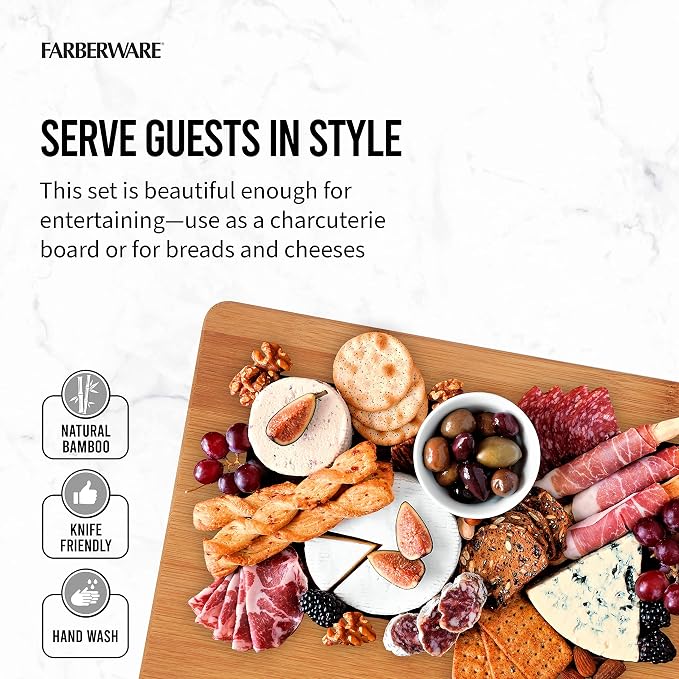 Farberware 3-Piece Wood Cutting Board Set,Reversible Chopping Boards for Meal Prep and Serving,Charcuterie Boards,Wooden Cutting-Boards with Built-in Handles,Set of 3 Assorted Sizes,Bamboo,(Pack of 3)