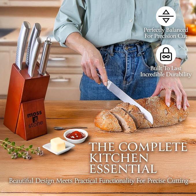 Moss & Stone Small 6 Pcs Kitchen Knife Set with Block, Stainless Steel | Professional chef knife set with sharp cooking knives, premium scratch-resistant and rust-proof design, ergonomic handle