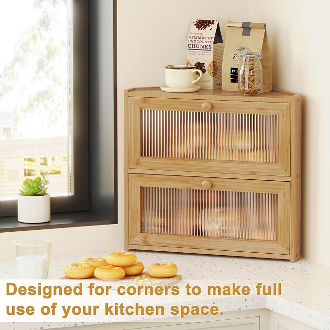 BAMBANG Corner Bread Box for Kitchen Countertop, Double Layer Bamboo Bread Storage Container with Wavy Windows, Farmhouse Large Bread Bin, Wooden Breadbox Holder for Homemade Bread (Natural)