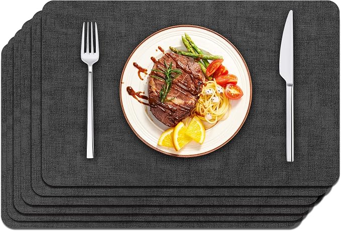 Maxpearl Faux Leather Placemats Set of 6, Easy to Clean, Dark Grey | Waterproof - Heat Resistant - Non Slip - Wipe Clean Dining Table Place Mats, Suitable for Indoor & Outdoor Use, 17''×12''