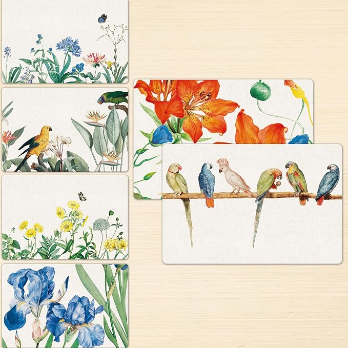 6 Pack Elegant Placemats, Non-Slip Washable, Reusable Placemat - Plants, Flowers Birds, Nature Theme Placemats for Home, Office, Restaurant, Dining Table, Adults, Kids,
