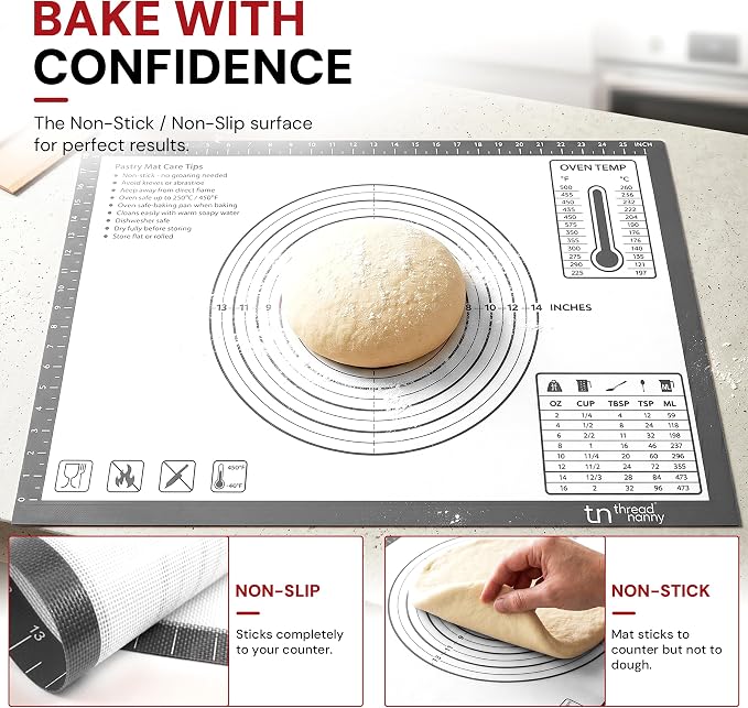 XL Silicone Pastry Mat for Baking Dough Mat, Extra Large 28x20 inches Grey | Non-Stick & Non-Slip Dough Mat for Rolling Out with Measurements, Bread, Pizza, Pie Crust, Cookies, Fondant Oven Safe
