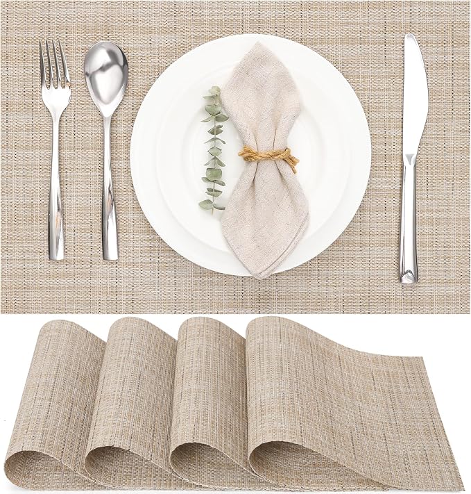 Myir JUN Placemats Set of 4 Kitchen and Dining Table Placemats | Vinyl Placemats Place Mats Indoor/Outdoor Set of 4 Washable Table Mats Non-Slip Place mats for Dining Table, Beige
