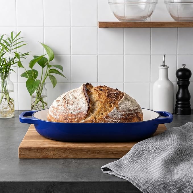 Enameled Cast Iron Dutch Oven Pot with Dome Lid, Oval Bread Oven for Homemade Sourdough Bread Baking, Oven Safe up to 500°F, 6 Quart, Blue