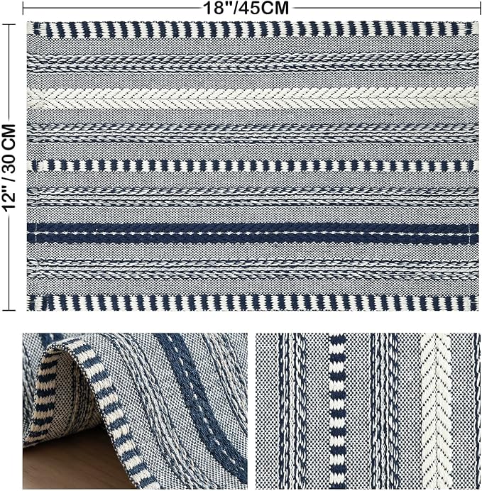 Artoid Mode Dark Blue Farmhouse Woven Braided Stripe Placemats Set of 6,12x18 Inch Seasonal Holiday Table Mats Party Kitchen Dining Decoration