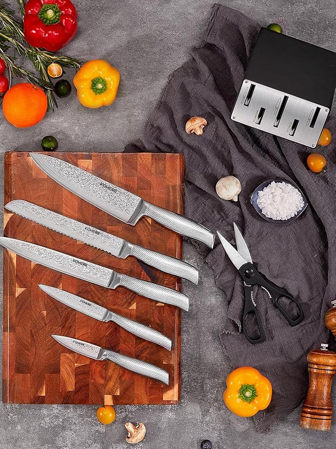 Knife Set, FOHERE 7 Pieces Kitchen Knife Set with Built-in 5 x Sharpeners, Waved Texture Knife Set with Block, Stainless Steel Knife Block Set, Sharp Knives Set with Ergonomic Handle