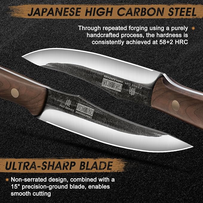 HOSHANHO Steak Knives Set of 6, Sharp 4.5" Non Serrated Steak Knife Set | Hand Forged High Carbon Steel Dinner Steak Knives with Full Tang Wood Handle, Gift with Men