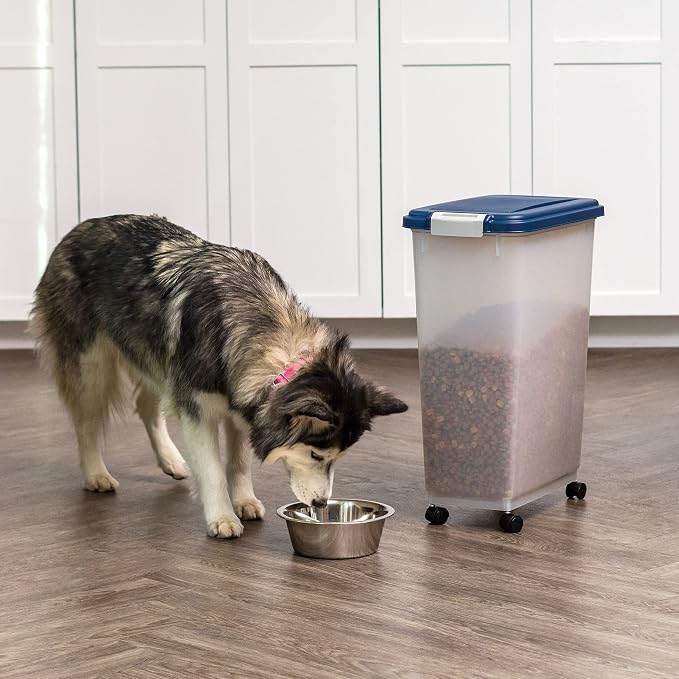 IRIS USA Dog Food Storage Container, Up to 38 lbs, Navy, Made in USA | Wheels for Mobility, Airtight Seal, BPA-Free, Best for Bird Seed, Cat food, Cat Litter, Chicken Feed, Pellets
