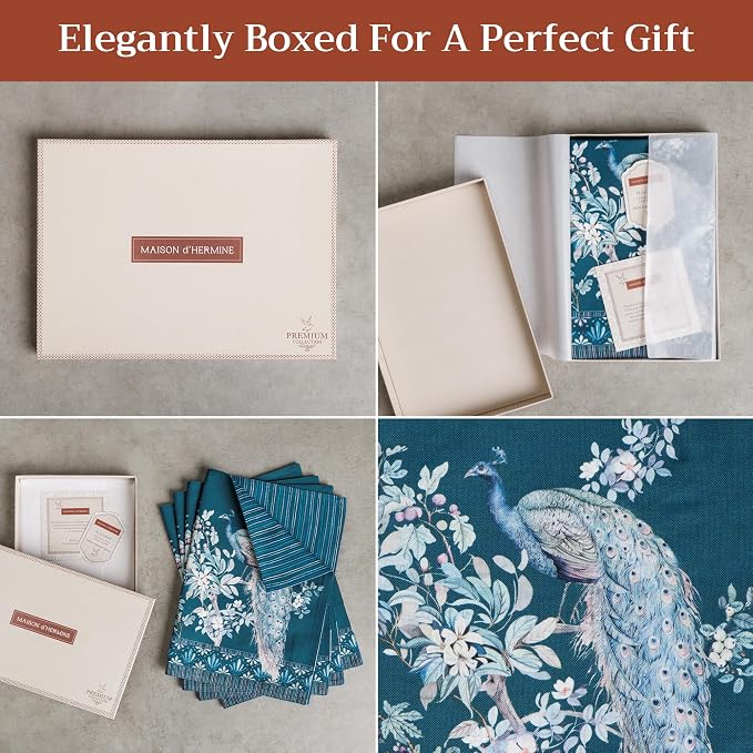Maison d' Hermine Placemats Set of 4 Reusable 100% Combed Cotton (13"x19") | Cloth Place Mats Washable Table Mats for Kitchen Dining Party Home Restaurant Spring Summer - Peacock Utopia - Deep Sea