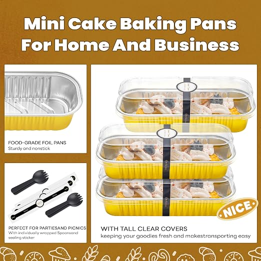 NPLUX Loaf Pans with Lids, 100 Pack Gold 6.8oz for Dessert Displays | Works for sweet bites, savory samples, dips and layered cups; single-base workflow helps limit dish handling.