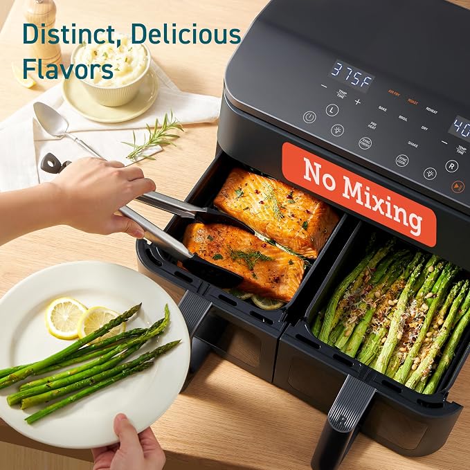 Cosori Dual Air Fryer, 9QT, 10-in-1,Sync Cook & Finish, Max 450°F | Dual 4.5QT Baskets,Independent Cooking, Touch Control, 95°-450°F, 85% less oil, 130+ Nutritional Recipes, Dishwasher-Safe