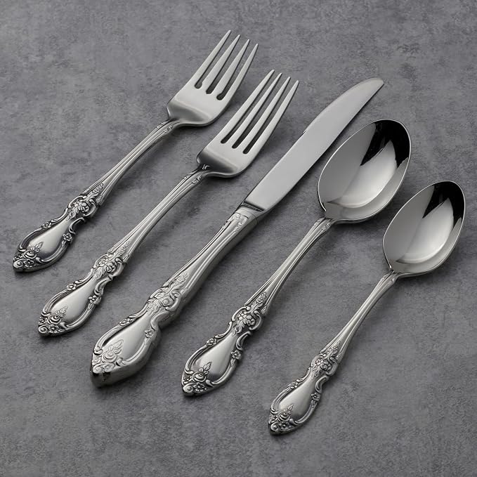 Oneida Louisiana 45-Piece 18/8 Silverware Set for 8, Flatware | mirror finish, dishwasher safe | includes serving spoons and utensil set | cutlery set, wedding silverware