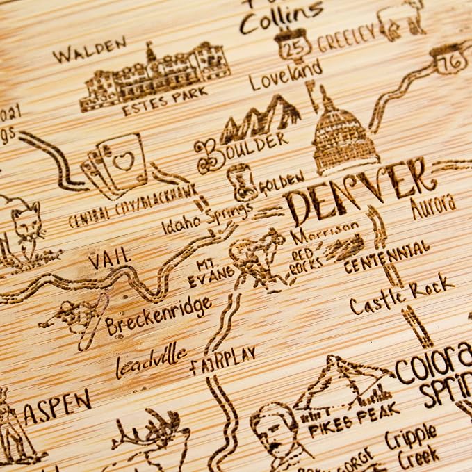 Totally Bamboo A Slice of Life Colorado Engraved Map Cutting Board | 11” x 8.75” charcuterie board with engraved state map artwork. Smooth reverse side for food prep. Hang tie for wall display.