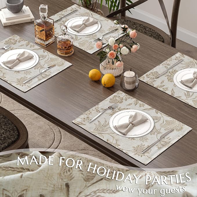 JINCHAN Sliva Linen Floral Placemats Set of 4 Farmhouse 13x19 Inch Taupe | Fabric Placemats, Cottage Style, Painterly Floral Pattern, Machine Washable, Easy to Store, Reusable