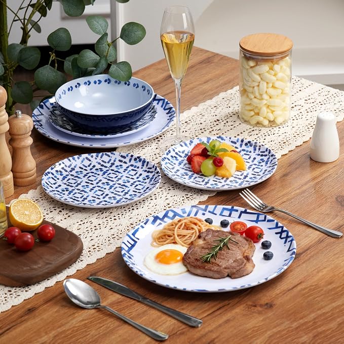 12pcs Melamine Dinnerware Set - Unbreakable Plates and Bowls Set | Blue Grid Stripes Dinner Dish Set for Indoor/Outdoor Use - Modern Style Service for 4 - Break-Resistant Dishwasher Safe
